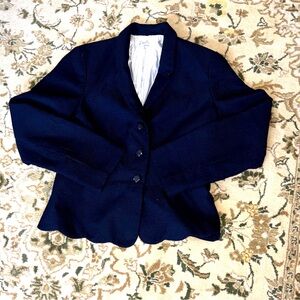 Vintage Emily navy blue waffle knit scalloped trim padded shoulder, blazer